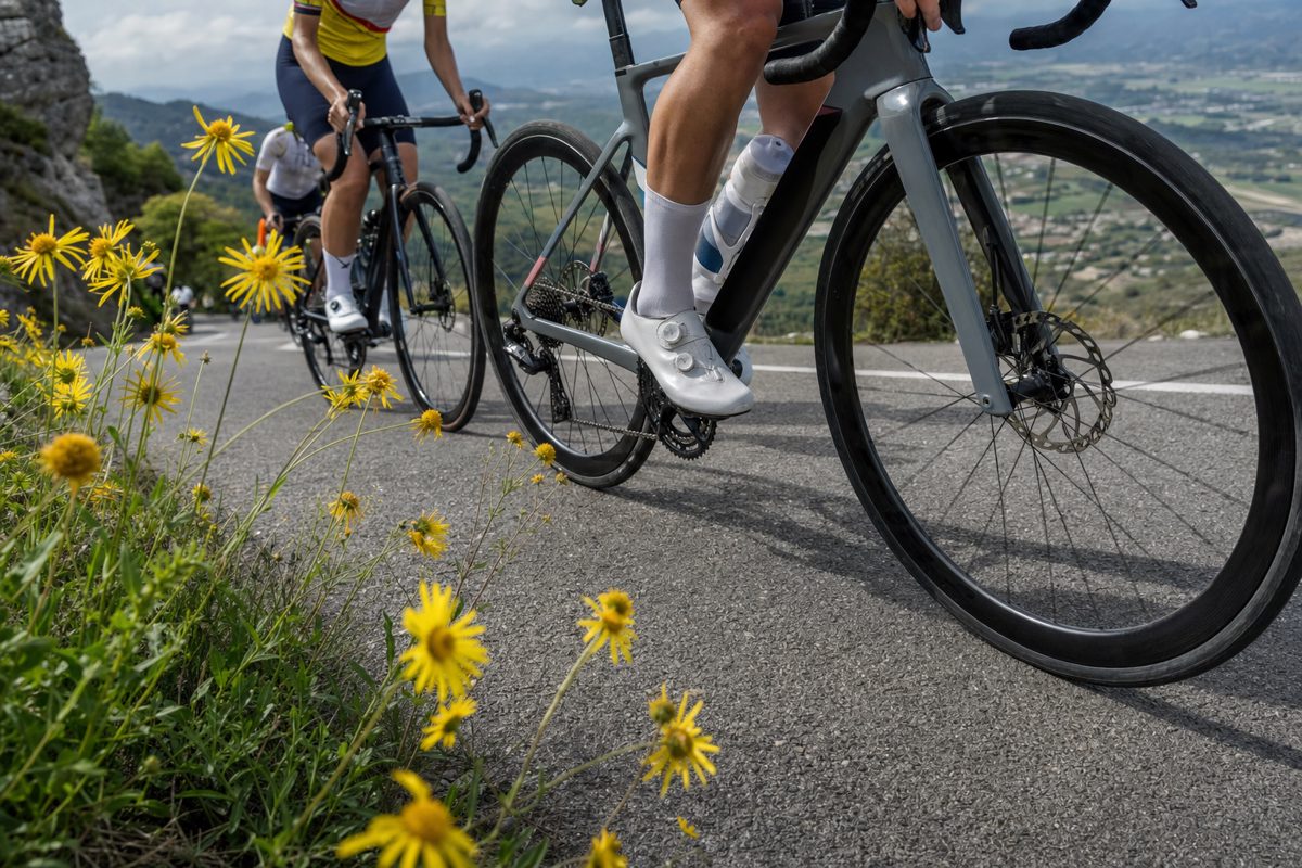 Tight documentary photograph of anonymous cyclists’ legs, pedals and wheels climbing a steep paved road, yellow roadside flowers in the foreground, realistic.