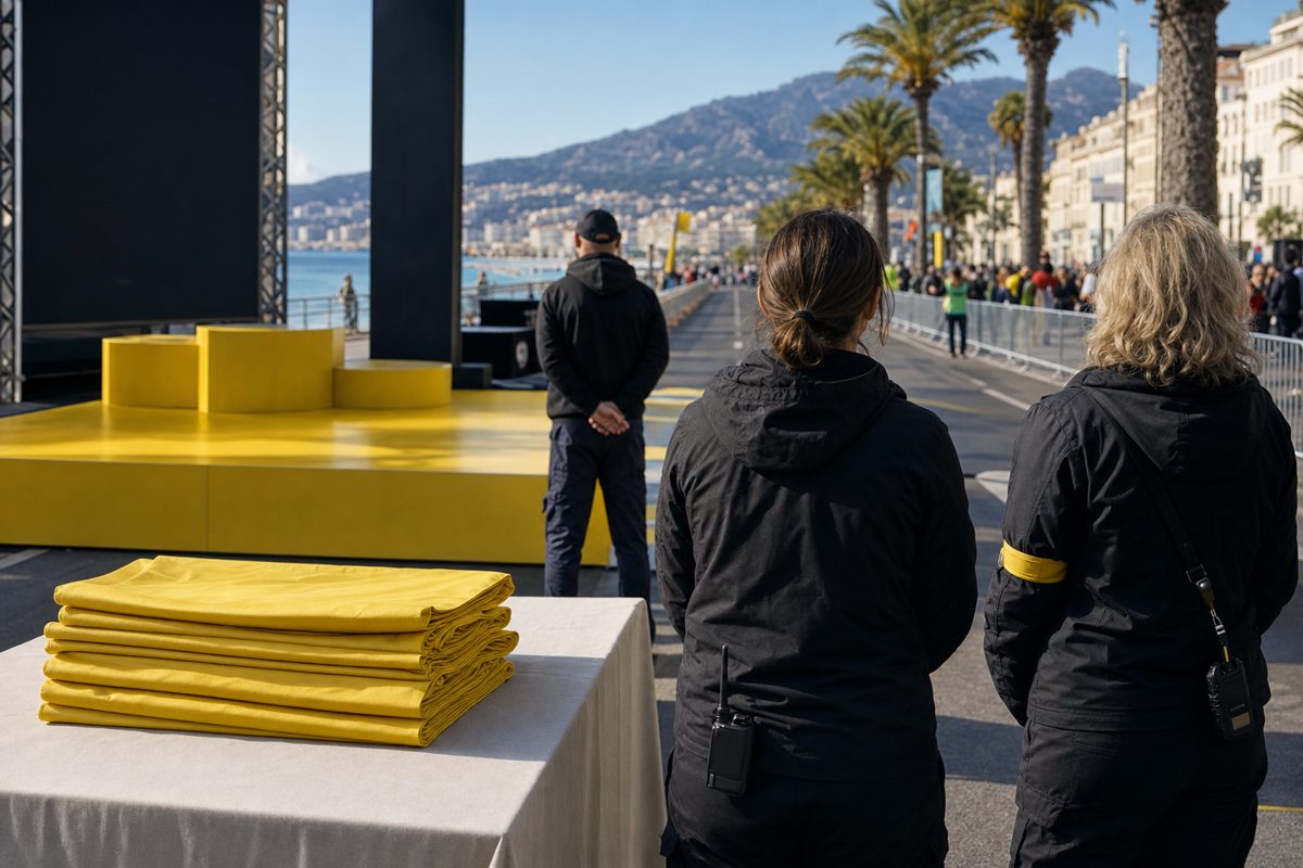 News photograph of an empty cycling podium area being prepared near a finish line, folded yellow fabric on a plain table, staff seen only from behind.