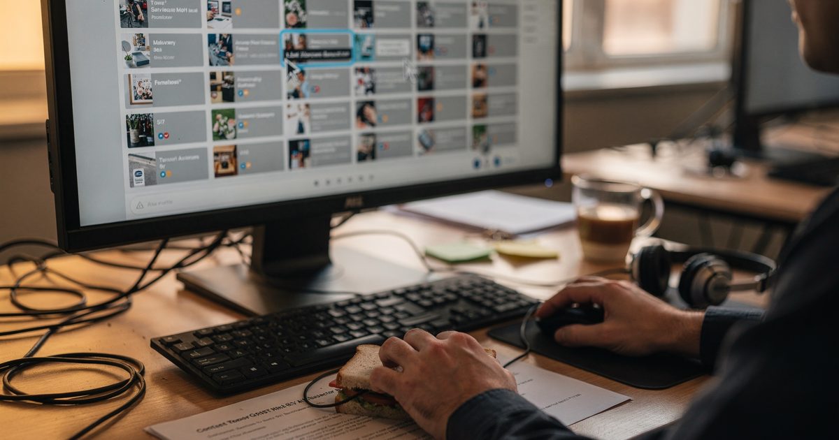 Close-up of a moderator's hands at a cluttered desk in late-afternoon window light, cursor hovering over a long scrolling queue of near-identical posts, a.