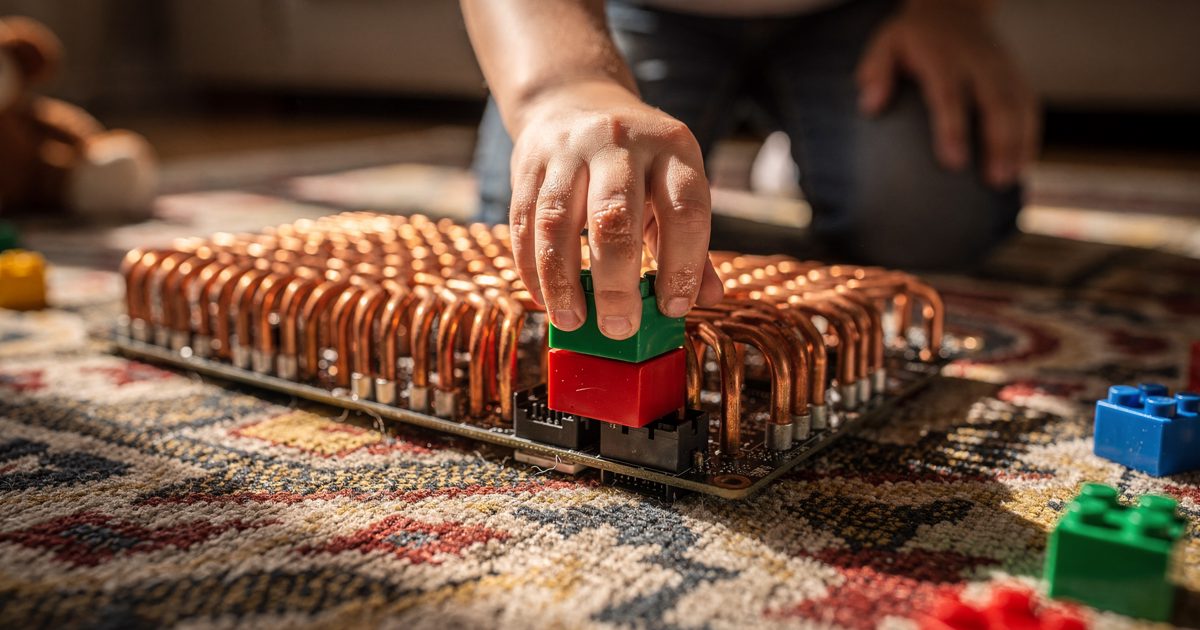 Close detail on a patterned living room rug in sharp morning sunlight, a small child's sticky hand pressing a brightly colored plastic building block onto a.