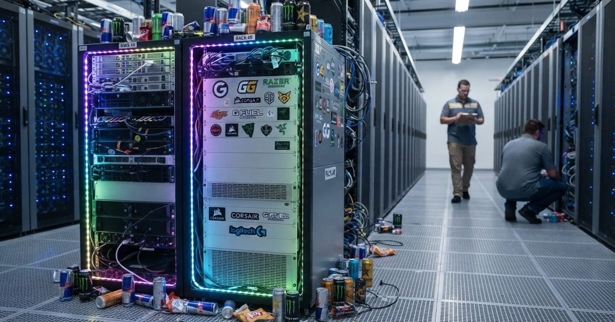 A brightly lit server room where one specific server rack is covered in neon RGB LED strips, gaming brand stickers, and surrounded by energy drink cans.
