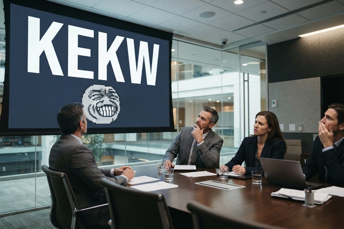 A group of confused executives in business suits sitting in a sleek corporate boardroom, staring at a giant presentation screen that just says 'KEKW' in large.