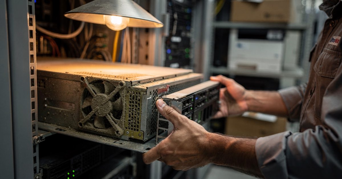 Close detail under a clamped work lamp in a warm-lit server hall aisle, a technician's bare hands easing a decommissioned rack-mount unit halfway out of its.