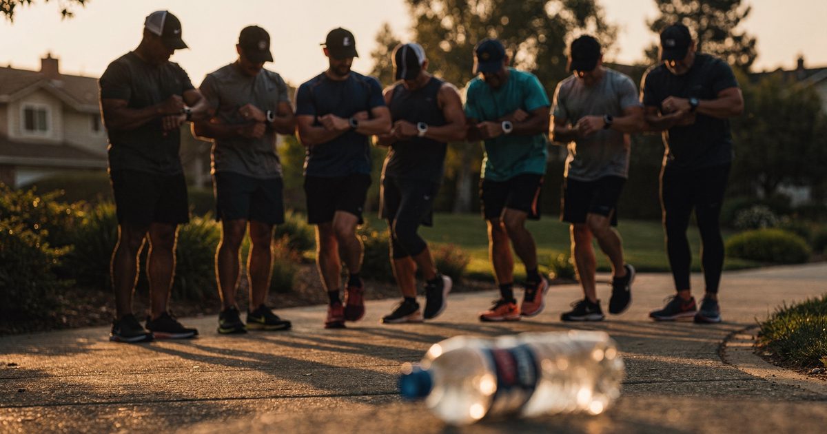 Low angle from trail level at sunrise on a suburban running path, nine runners in a loose stopped line all looking down at their left wrists with caps shading.