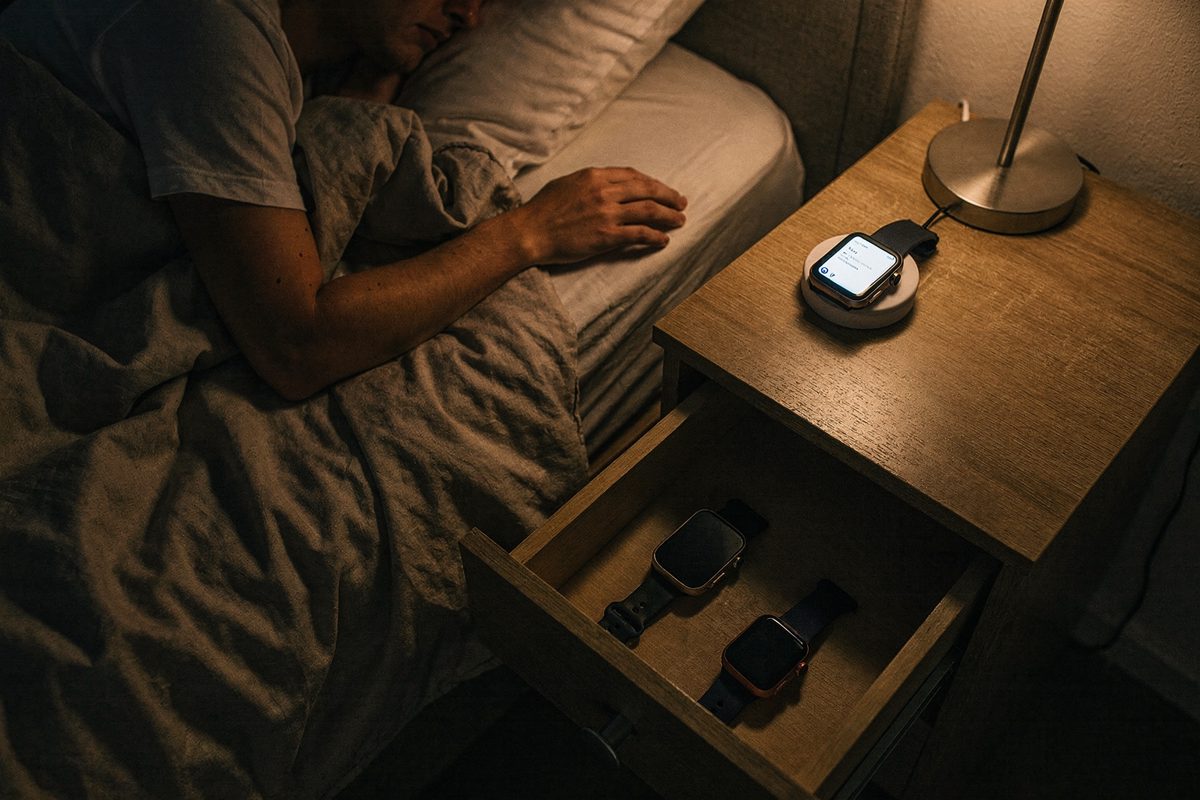 Overhead shot at night in a bedroom lit only by a bedside lamp, an unidentifiable sleeper's arm draped over the covers while a smartwatch glows on its charging.