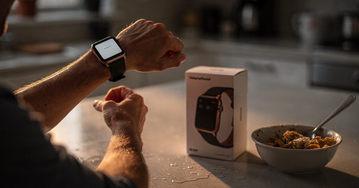 Close shot at a kitchen counter in low early sunlight, a person's forearm and wrist filling the frame with the face cropped out, lifting a smartwatch toward.