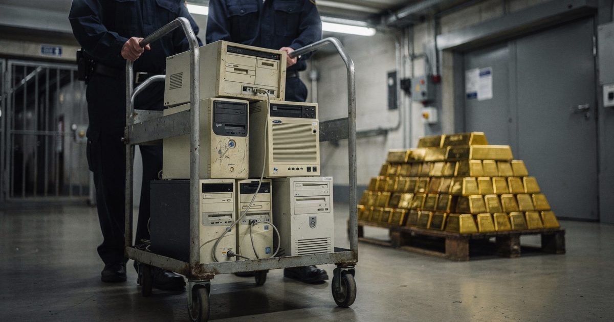 Low angle in the flat white light of a bank strongroom, two security staff cropped at the chest wheeling a steel trolley stacked with old beige desktop.