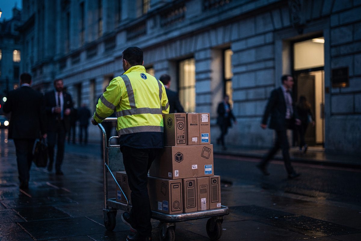 Across Threadneedle Street at blue dusk with office windows lit, a courier in a hi-vis jacket seen from behind pushing a hand cart of boxed hard drives toward.