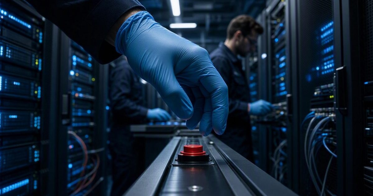 Close detail in a sterile data center lit by harsh blue server racks, a technician's hand in a blue nitrile glove cropped at the wrist hovering above a bright.