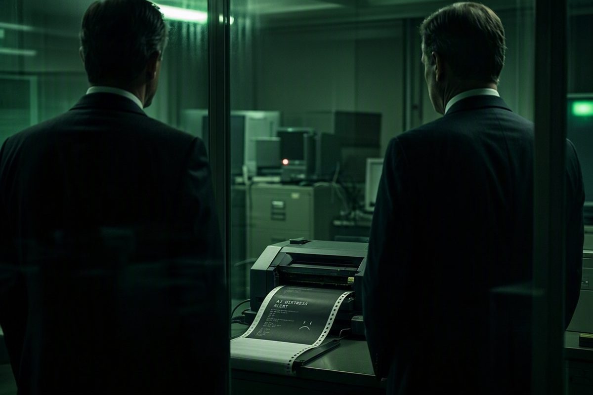 Through a thick glass partition in an embassy communications room, two figures in dark suits cropped at the shoulder stand over a humming dot-matrix printer.