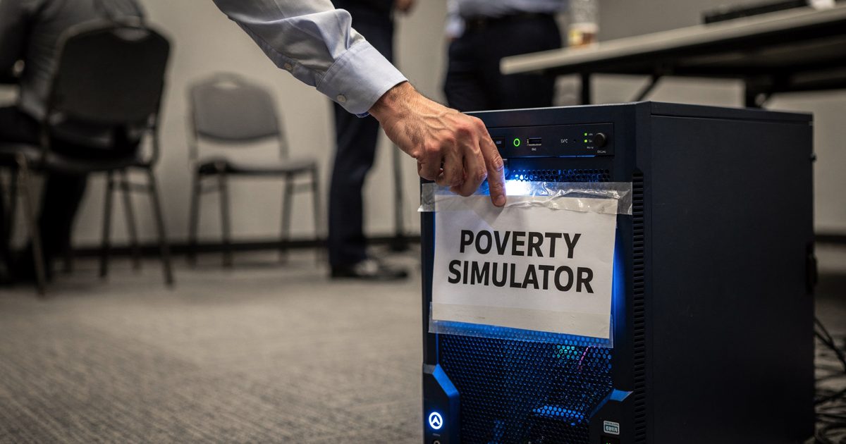 Harsh camera flash in a carpeted conference room, a hand cropped at the cuff taping a printed paper sign reading "POVERTY SIMULATOR" across a glowing blue.