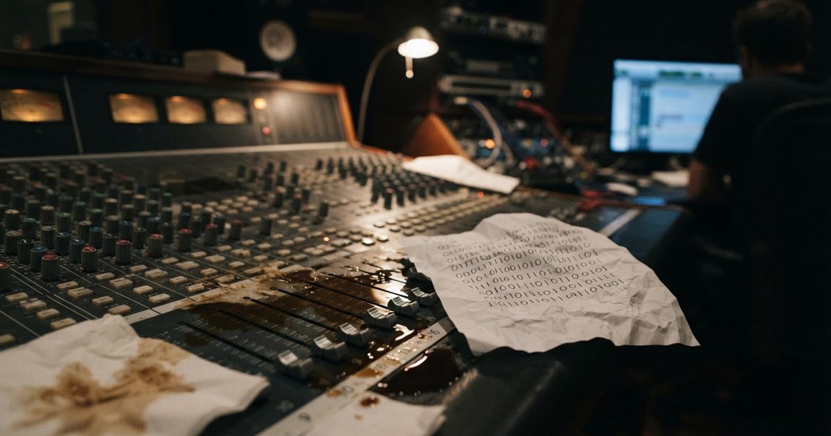 A close-up of a recording studio mixing desk covered in spilled coffee and a crumpled piece of paper with binary code written on it, moody lighting.