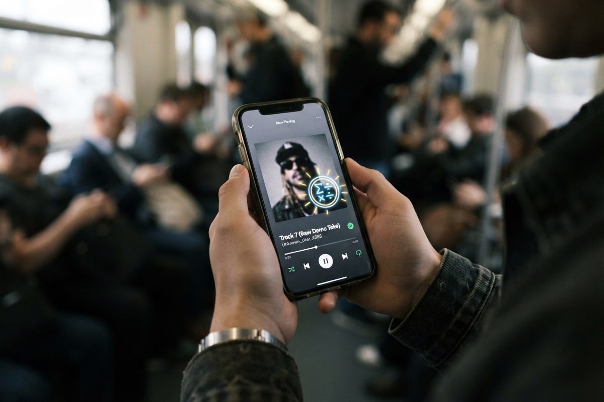 A smartphone screen displaying a generic music streaming app where a blurry, indistinct pop star's profile picture is covered by a glowing neon 'WARNING: MAY.