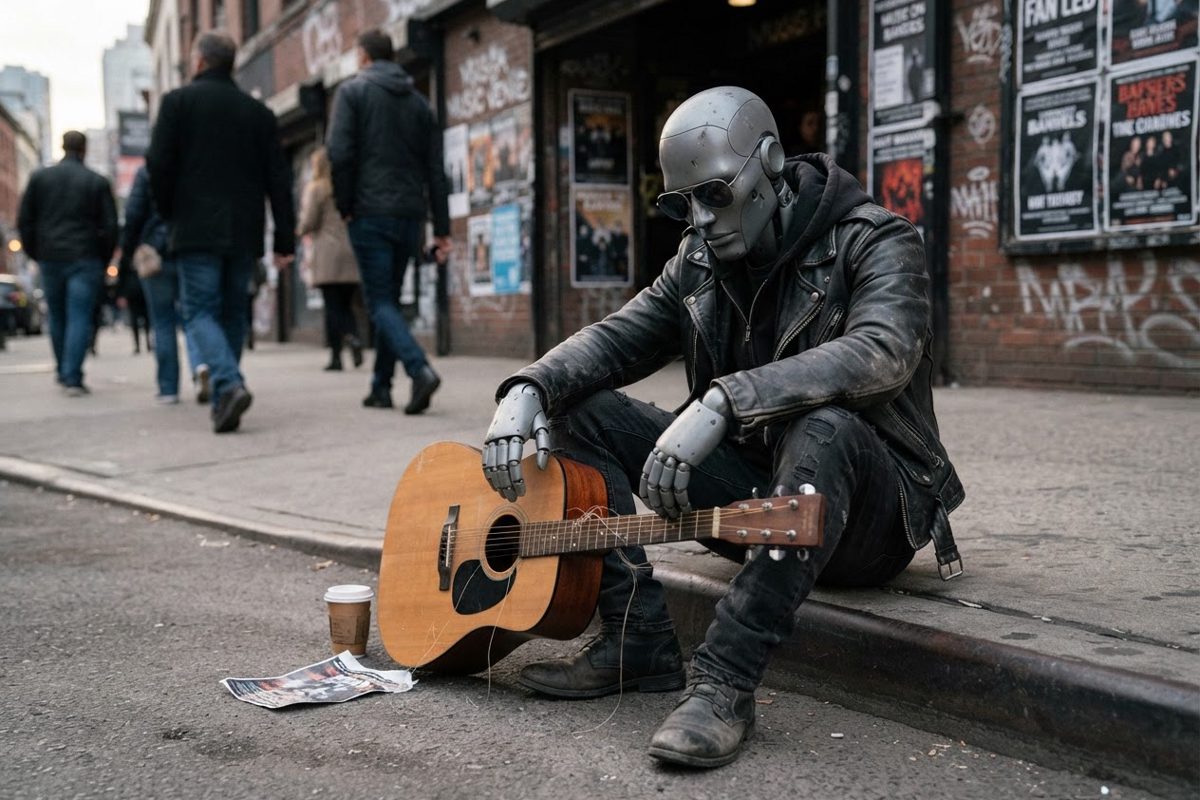 A humanoid robot sitting on a curb outside a music venue, wearing sunglasses and a leather jacket, looking exhausted while holding an unplugged acoustic guitar.