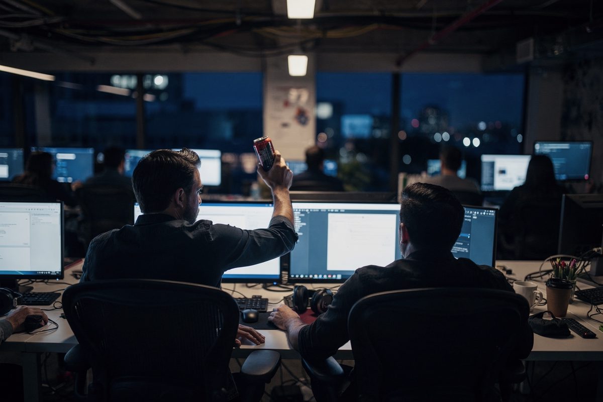 Open-plan San Francisco tech office after dark, shot from behind a row of engineers hunched at monitors, one of them holding an energy drink can up to.