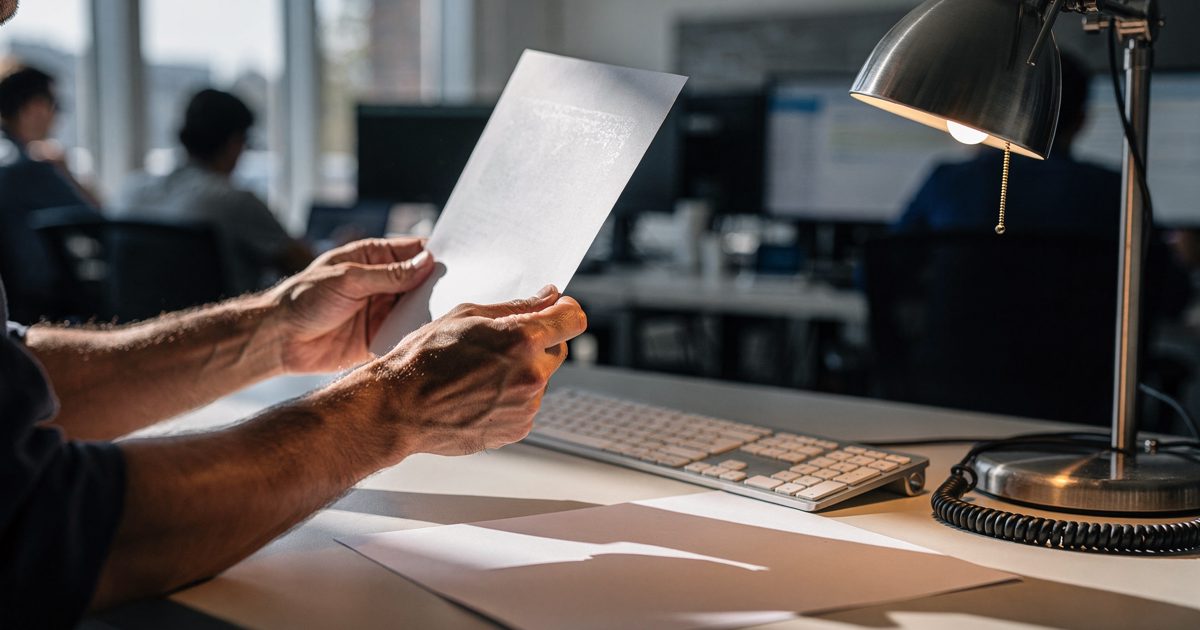 Close-up of a pair of hands in a sunlit open newsroom holding a printed page up to a metal desk lamp, a second unmarked sheet lying on the desk below, hard.