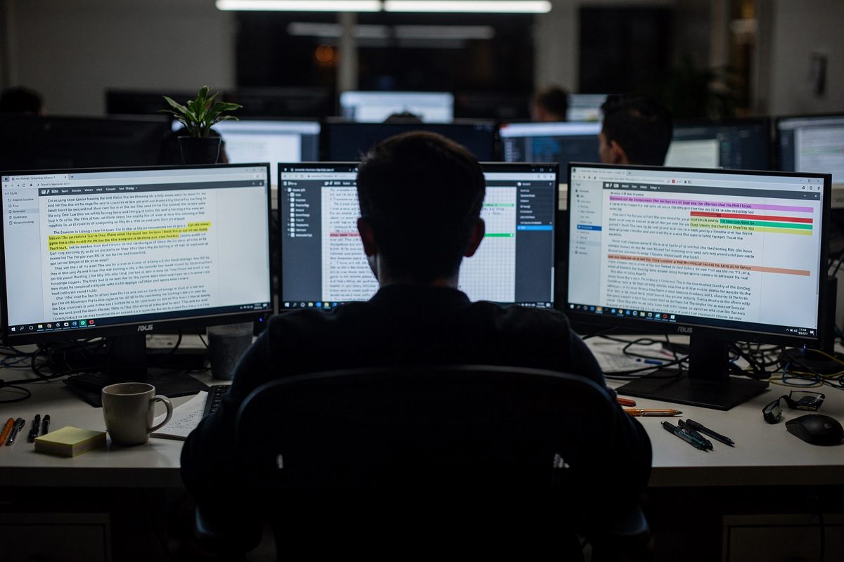 Night view from behind a person at a long shared tech-office desk, monitors filled with dense paragraphs, a coffee cup and a pad of blank sticky notes in the.