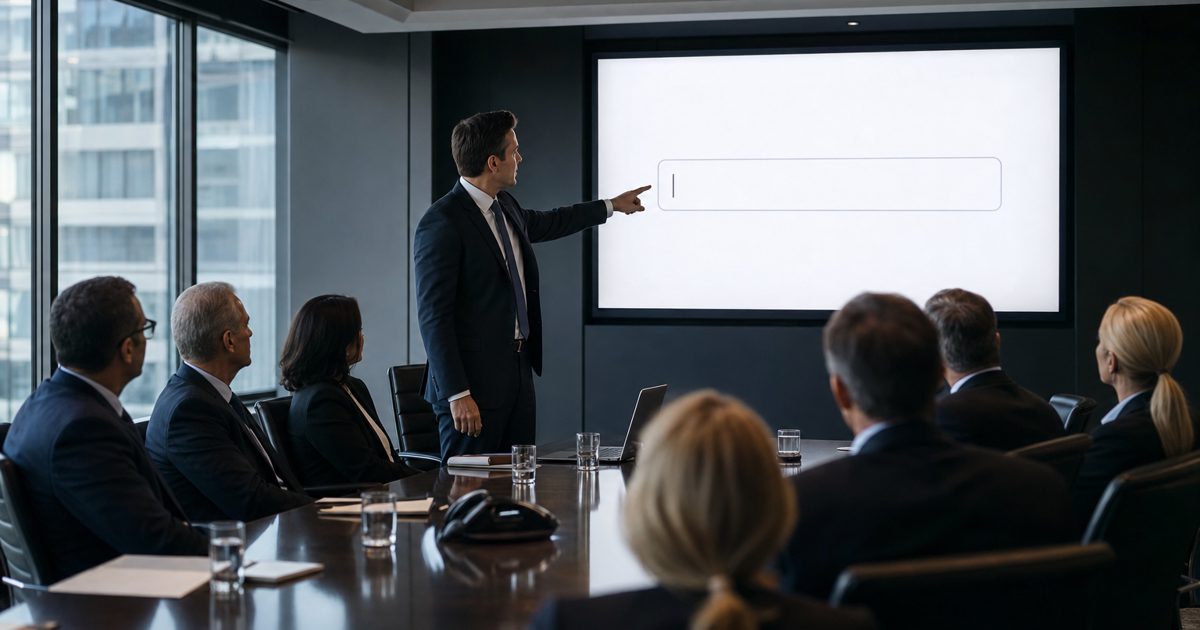 A corporate boardroom where an executive in a sharp suit is pointing at a glowing presentation screen that displays nothing but a single blank text box with a.