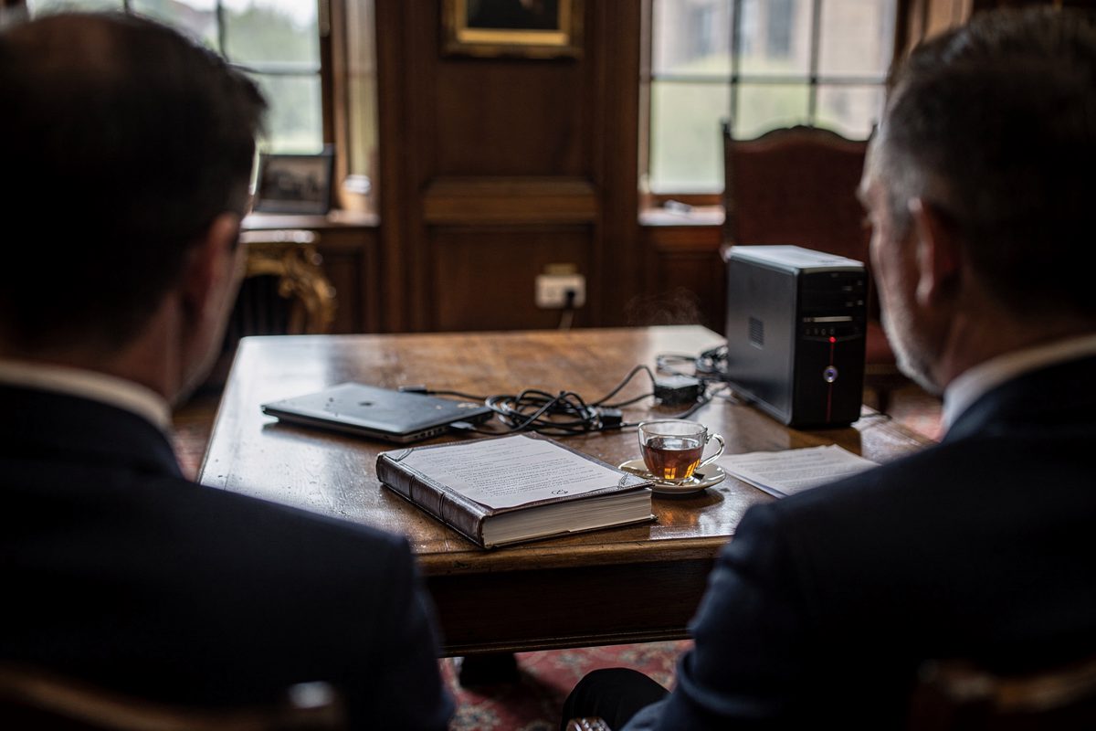 Mid shot taken between the shoulders of two seated delegates in a wood-panelled Scottish drawing room lit by tall sash windows, a thick bound petition lying.