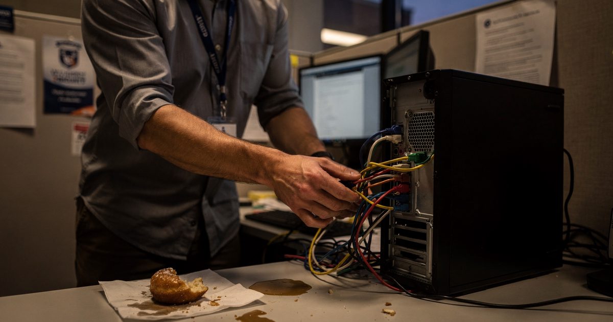 Eye-level medium shot inside a dimly lit federal office cubicle at dusk, an IT technician cropped from the chest down unplugging a tangled bundle of ethernet.