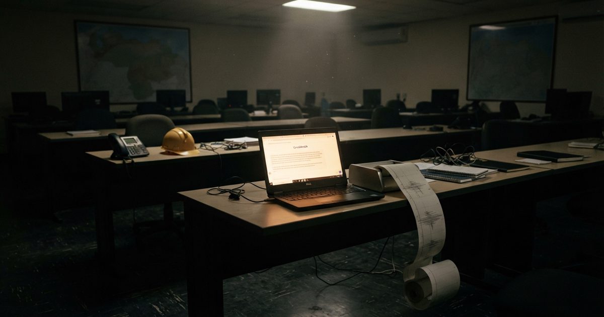 A dimly lit government emergency operations center after hours: rows of empty desks with unworn hard hats and dormant landline phones, while a single laptop.