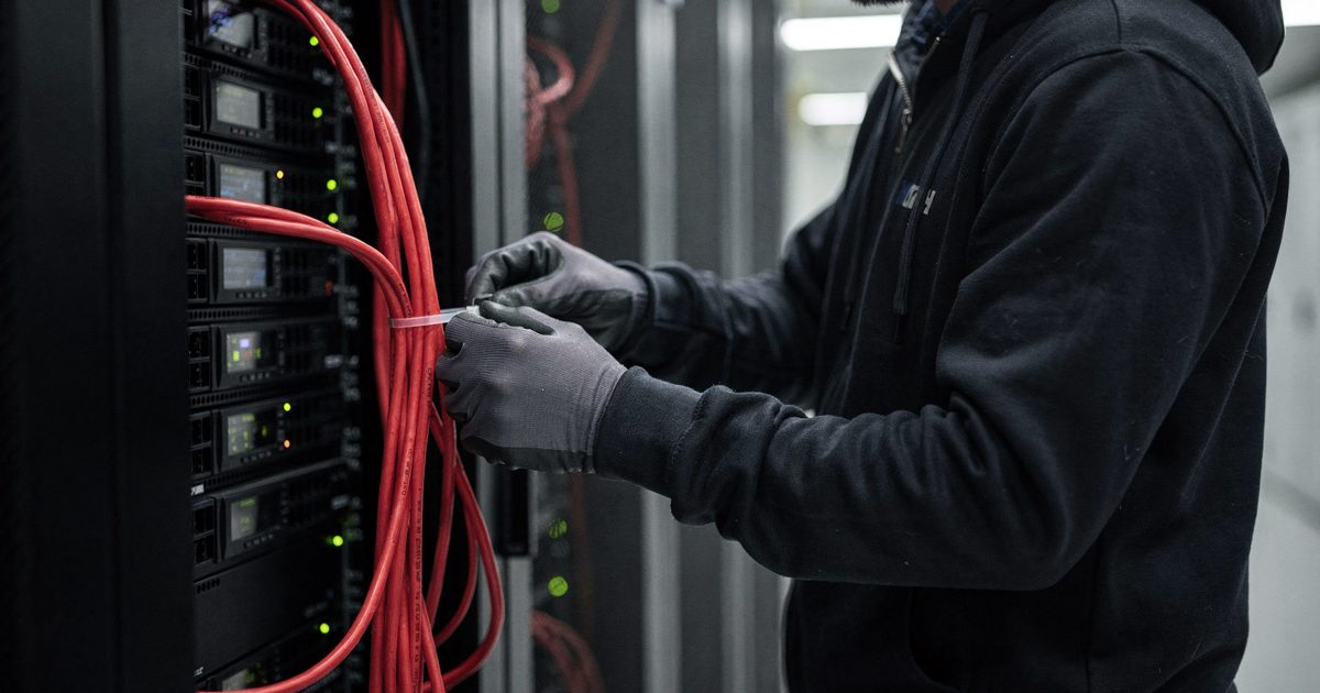 Harsh overhead fluorescent light in a sterile Brussels data centre as a technician cropped at the shoulders zip-ties a heavy red cable to a black server rack.