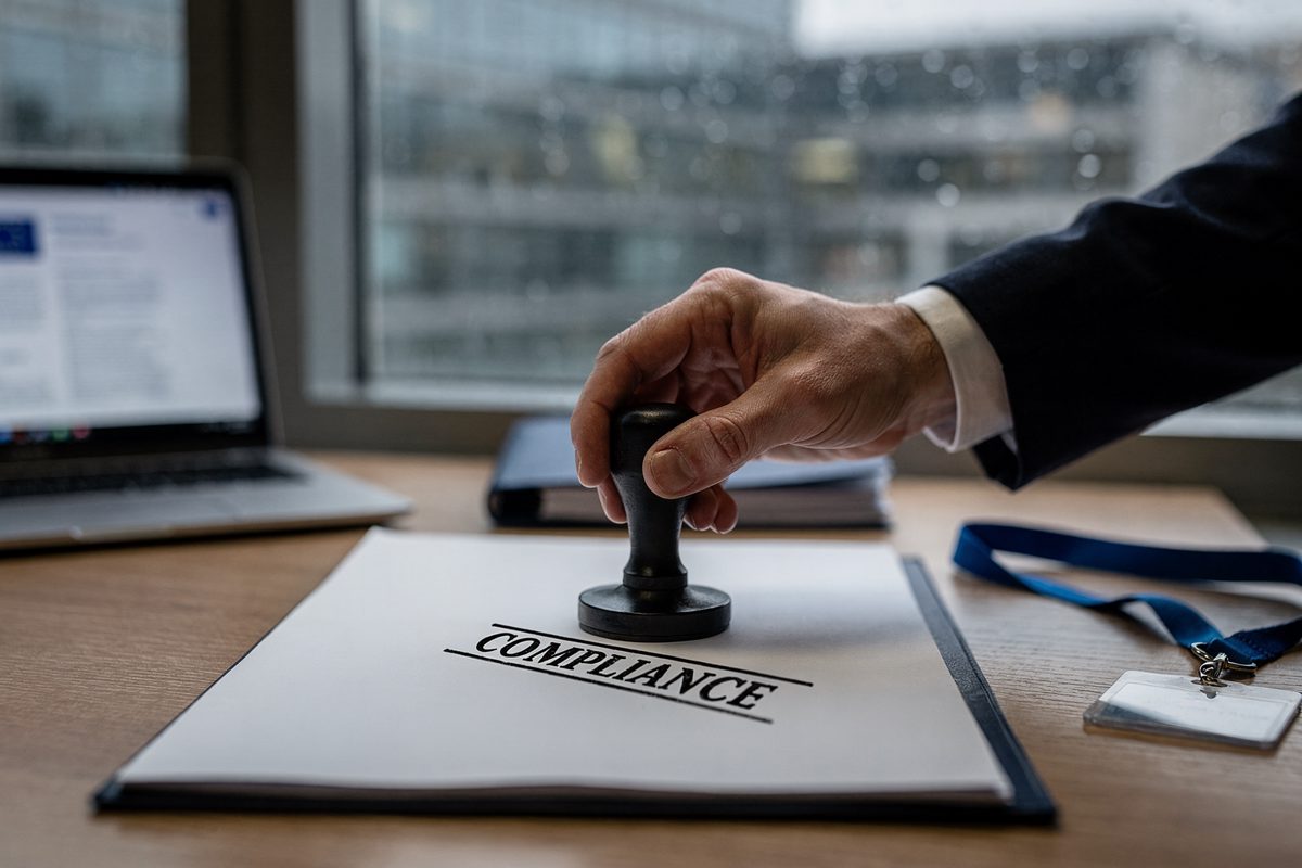 Gloomy afternoon rain against the window of a European Commission office as a hand in a tailored suit sleeve presses a heavy rubber stamp onto a paper dossier.