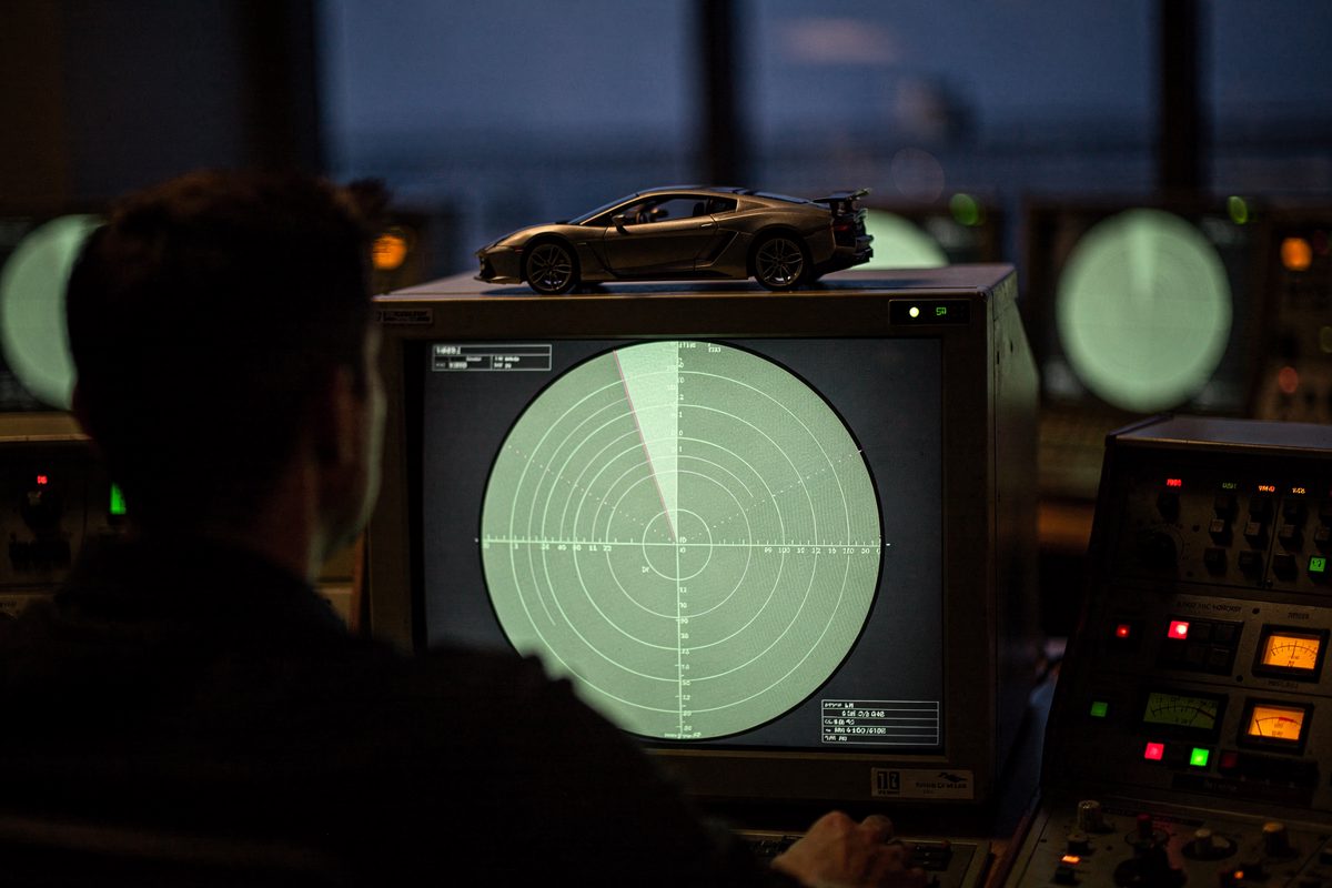 Over-the-shoulder view inside a darkened air traffic control radar room at twilight, an operator's silhouette facing a glowing green circular radar screen.