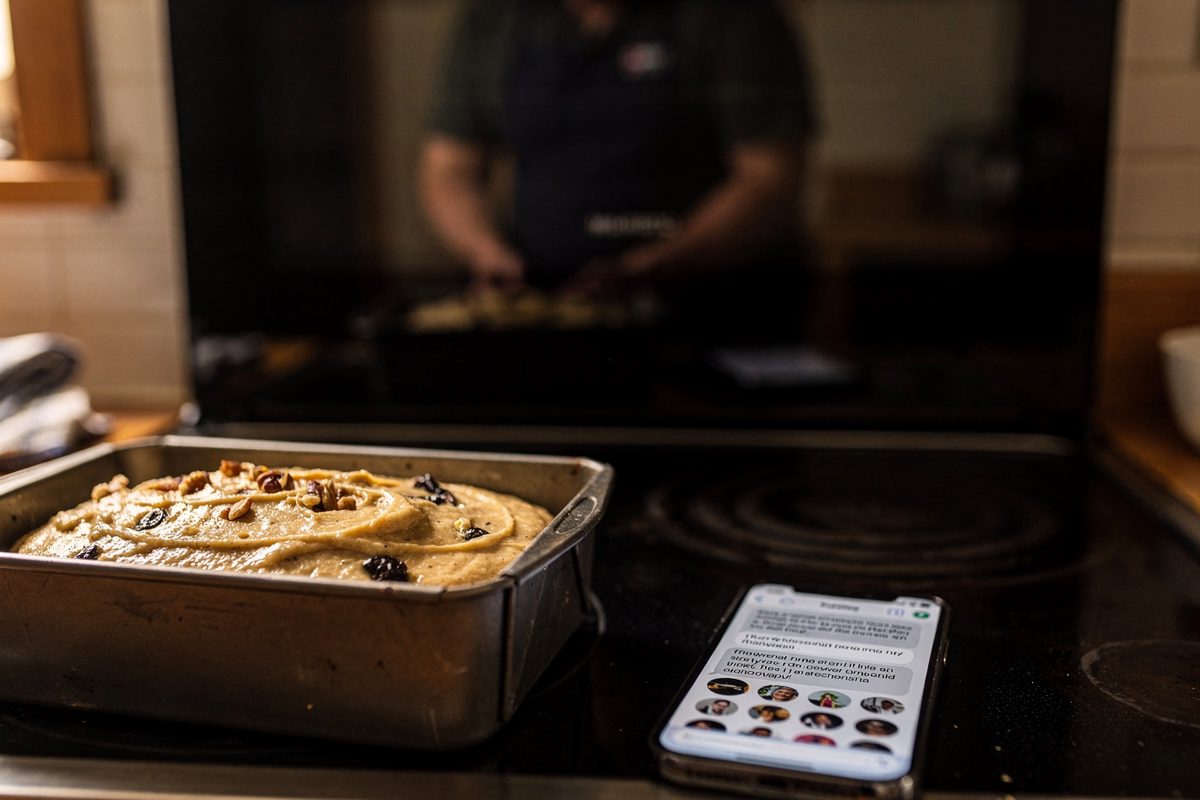 Close detail in warm early-morning kitchen light, a loaf tin of unbaked banana bread batter sitting abandoned on a stovetop beside a phone lying face-up with a.