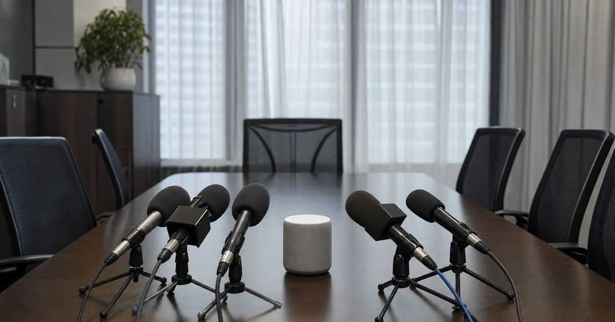 Documentary news photograph of an empty conference room with a small smart speaker placed before several press microphones, neutral office lighting, no people.