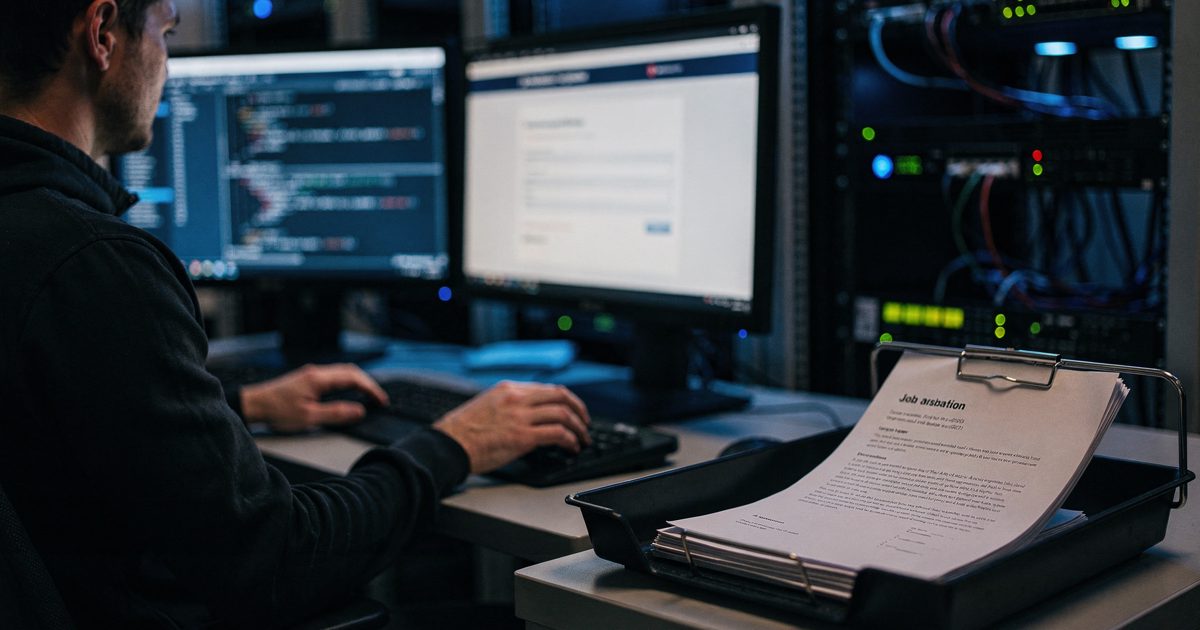Mid-shot in cold blue rack lighting after hours inside a windowless security lab, two analysts seen from the shoulders down typing at adjacent consoles while a.
