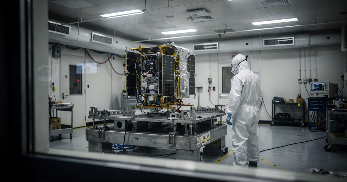 Wide shot through the observation window of a satellite clean room late at night, a technician in a full white cleanroom suit seen from behind standing beside.
