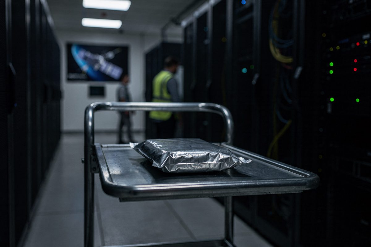 Close detail in pale dawn light down a quiet data center aisle, a single hard drive sealed in a silver anti-static bag resting alone on the top shelf of a.
