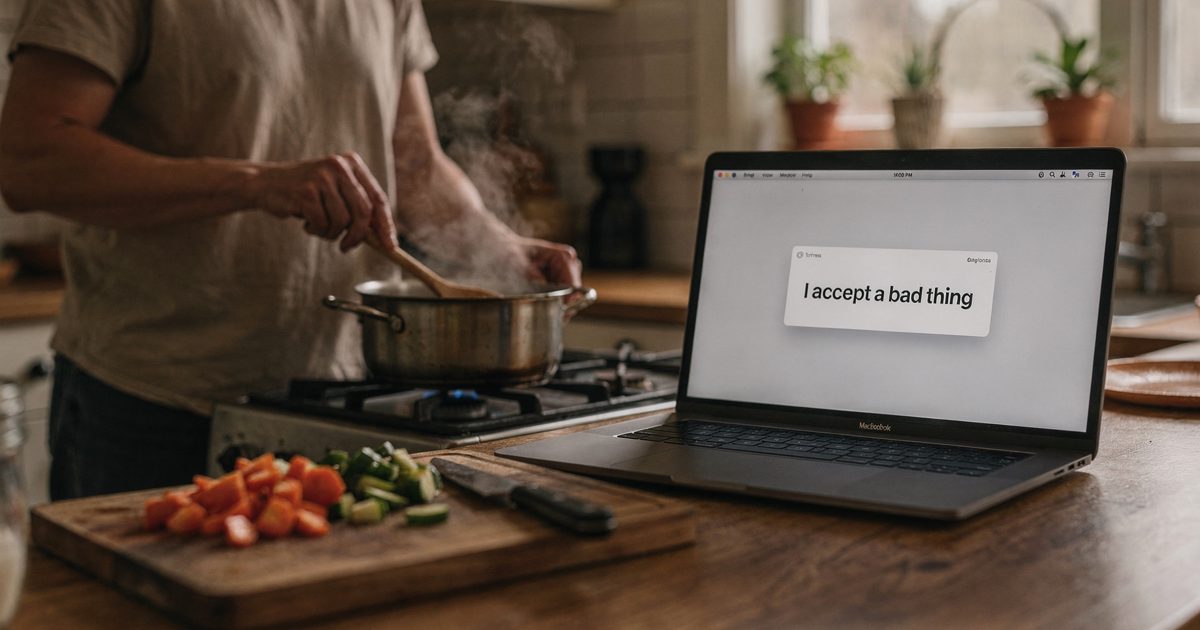 Medium shot in a home kitchen in soft Sunday-morning light, a person cropped at the shoulders stirring a pot on the stove while a laptop open on the counter.