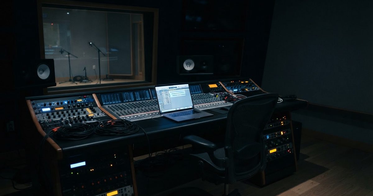 Empty modern recording studio at night with a single laptop open on the mixing desk, soft blue monitor glow, no people visible, cables neatly coiled.