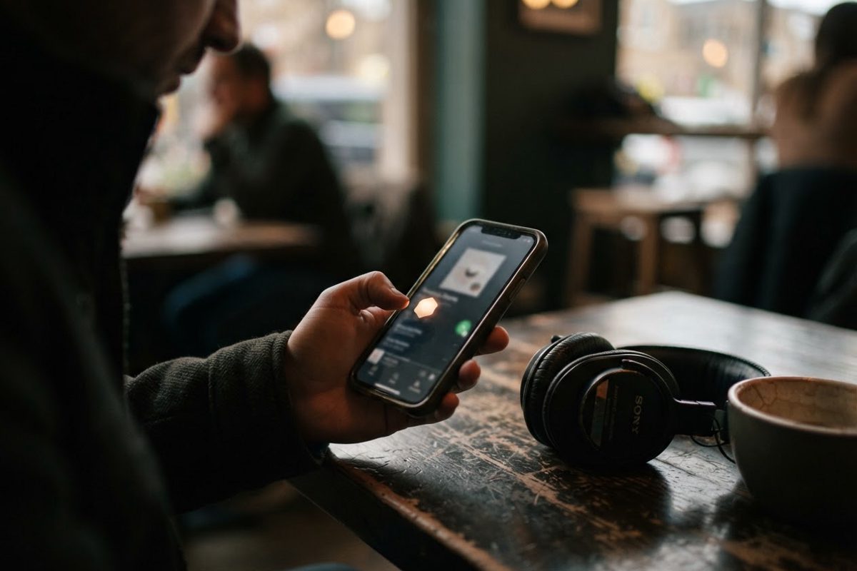 Close-up of a smartphone screen showing a music app interface with a generic glowing badge icon next to a track title, held over a wooden table with headphones.