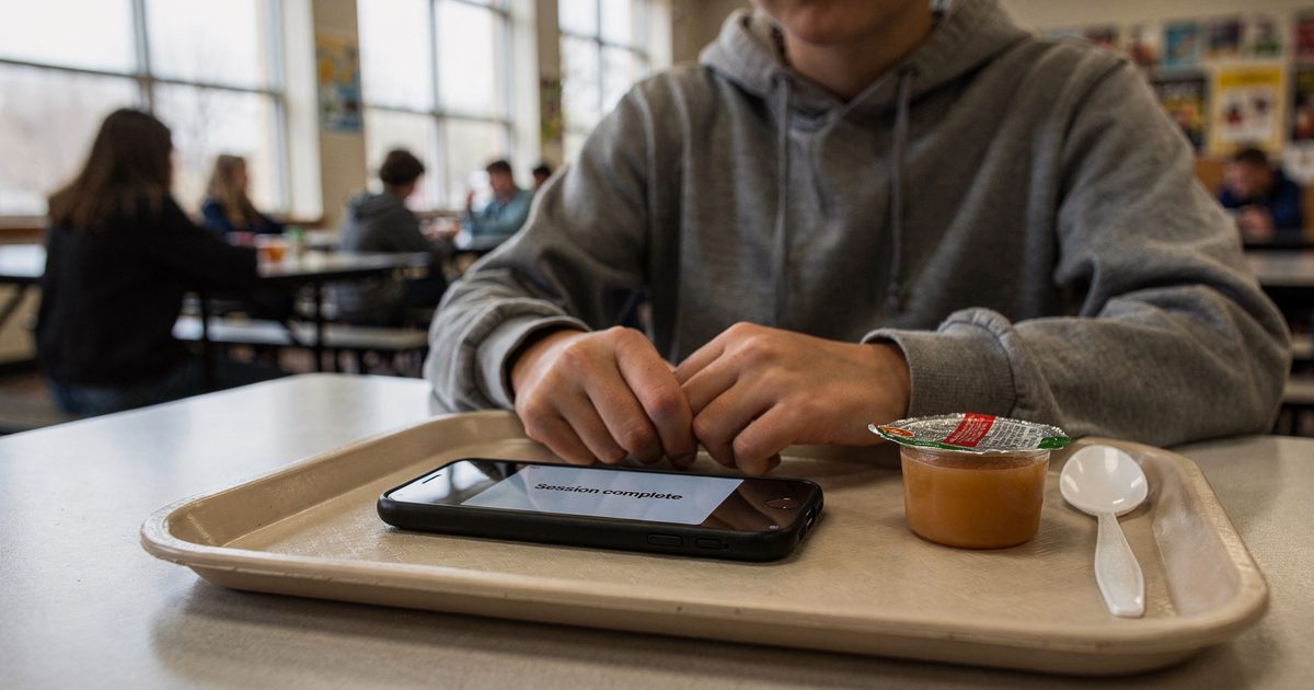 Close late-morning sunlight from tall cafeteria windows falling on a student's hands holding a darkened smartphone that displays a system dialog reading.