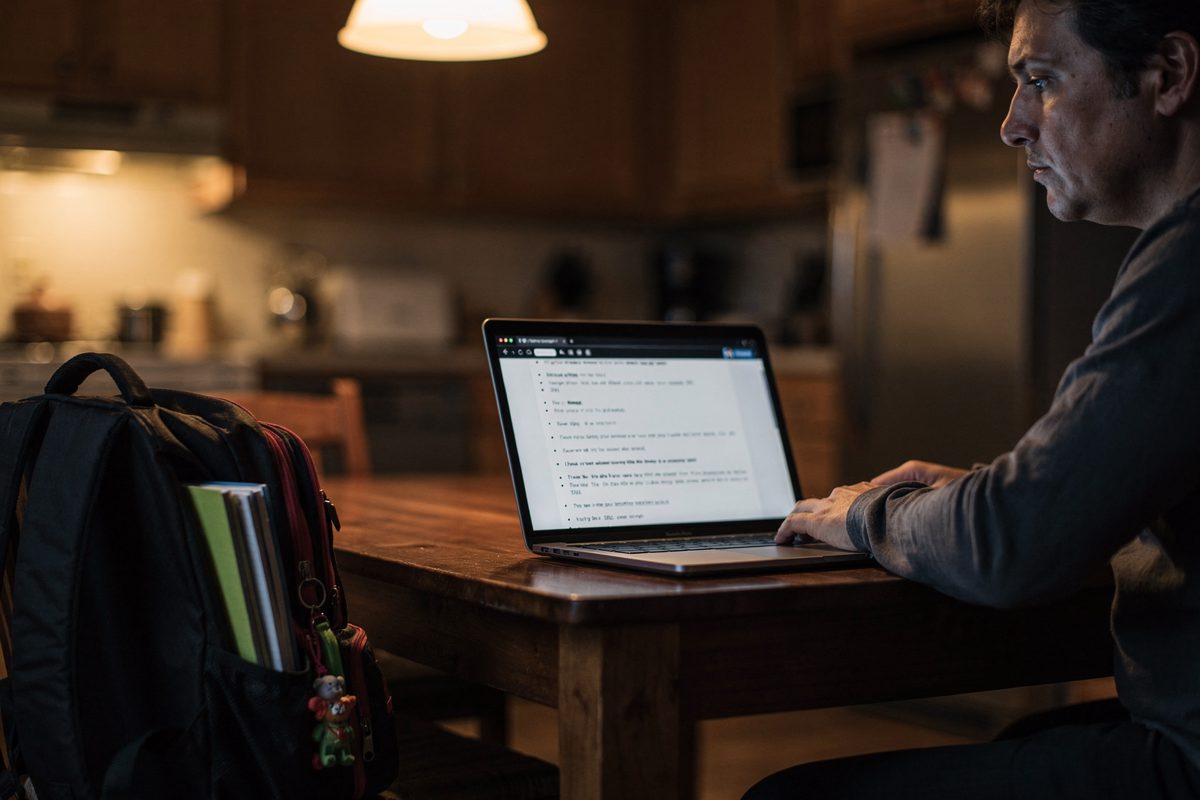 Warm evening kitchen light over a laptop showing a long itemized email, a parent visible only from the mouth down at the table, a child's backpack slumped on.