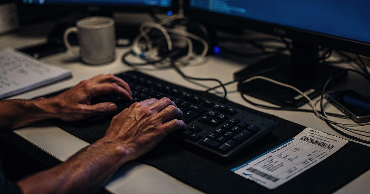 Close detail in cold blue monitor glow on a cluttered late-night newsroom desk, a journalist's hands cropped at the wrists hovering over a keyboard beside a.