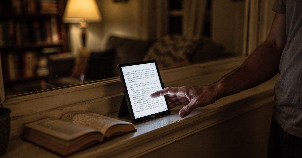 Warm lamplight in a small living room late at night, an e-reader propped upright on a windowsill with its screen turned to face the dark glass, while a person.