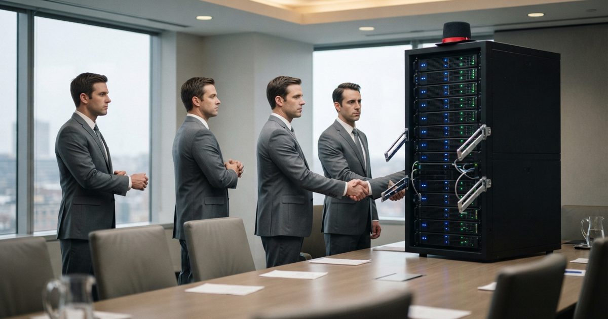 A wide, sterile boardroom where five individuals in identical, absurdly expensive grey suits are shaking hands with a towering, glowing server rack that is.