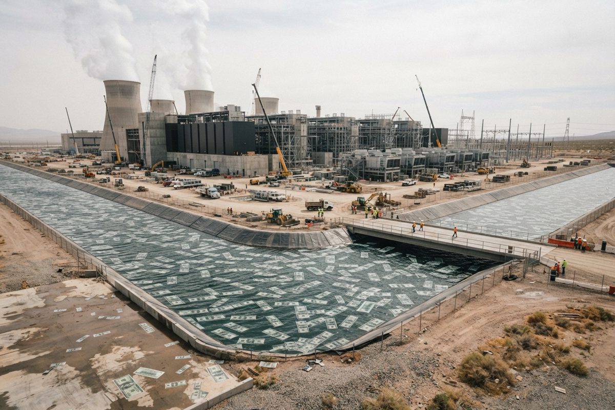 A sprawling, brutalist datacenter complex under construction in a barren desert, with massive cooling towers emitting thick steam, entirely surrounded by a.