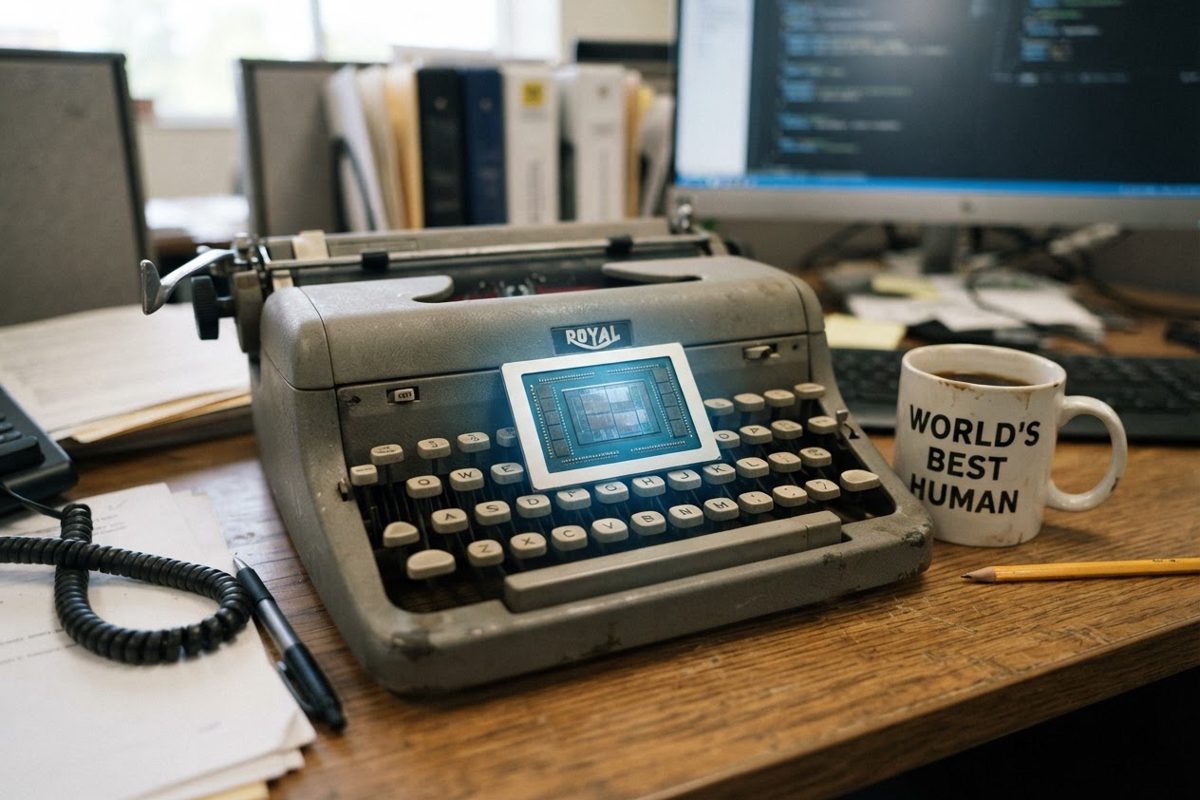 A close-up of a standard office desk featuring a vintage typewriter; resting directly on the typewriter's keys is a single, oversized microchip pulsating with.