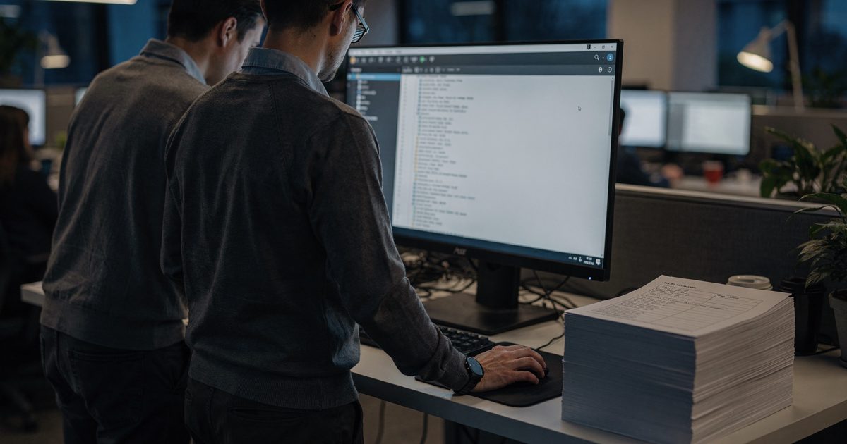 Dusk in an open-plan AI engineering office, seen from behind three colleagues standing shoulder to shoulder at a tall desk as one drags a scrollbar down an.