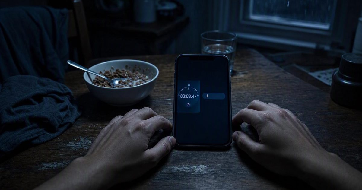 Tight overhead shot in the cool blue glow of a phone screen on a kitchen table at night, two hands resting either side of the phone as a stopwatch app counts.