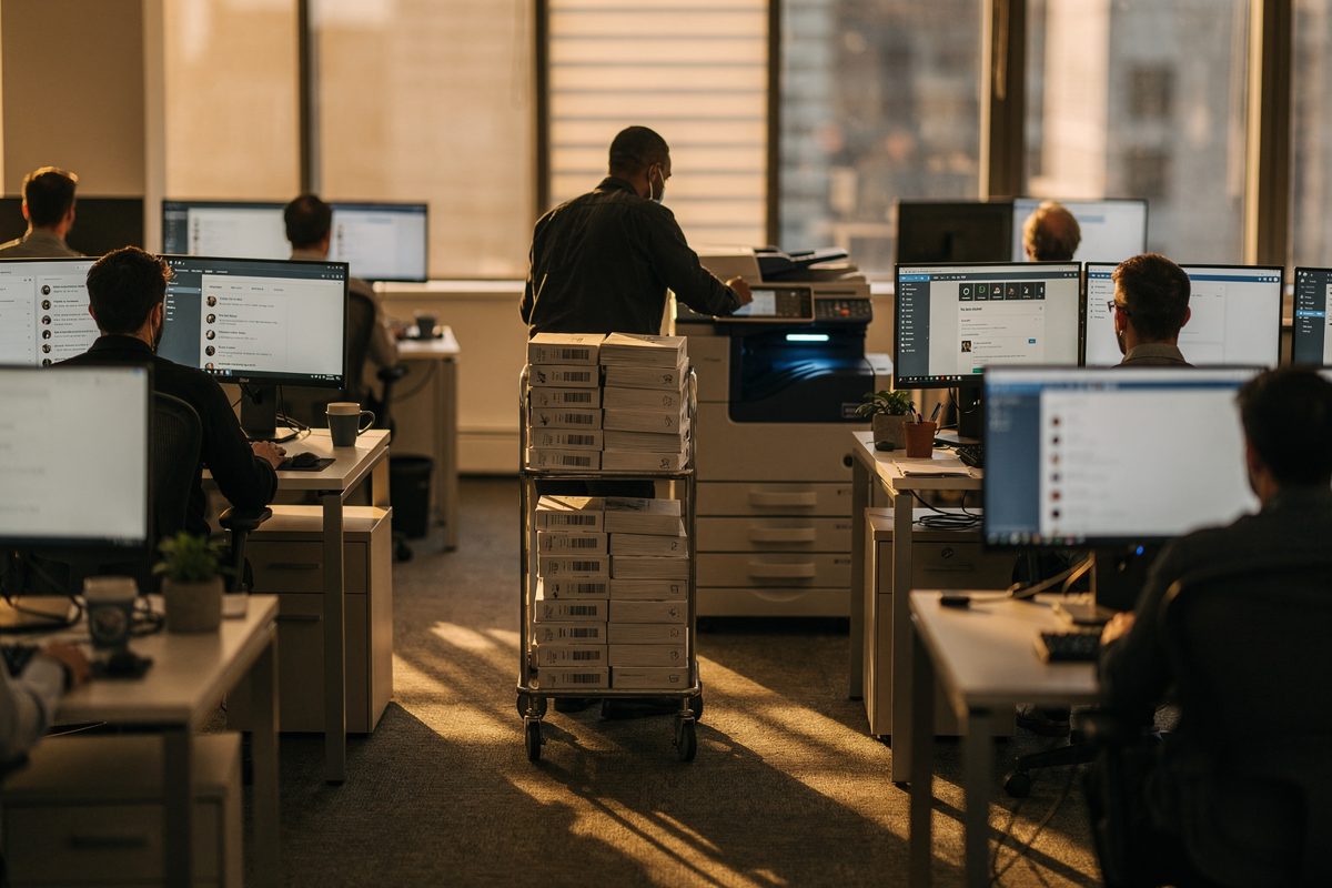 Wide shot at golden hour across an open-plan tech office, long sun stripes on the carpet, a worker far down the aisle wheeling a mail cart piled with ream.