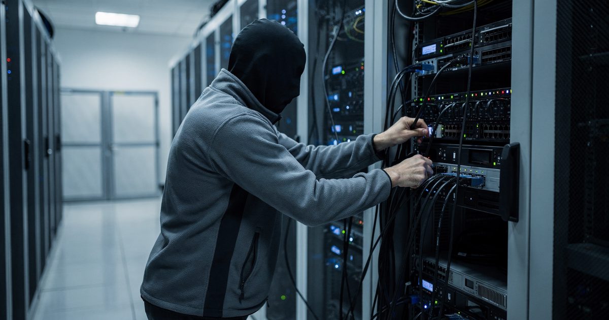 A wide shot of a sterile server room bathed in harsh blue light where a technician in a grey fleece vest frantically unplugs thick black Ethernet cables from a.