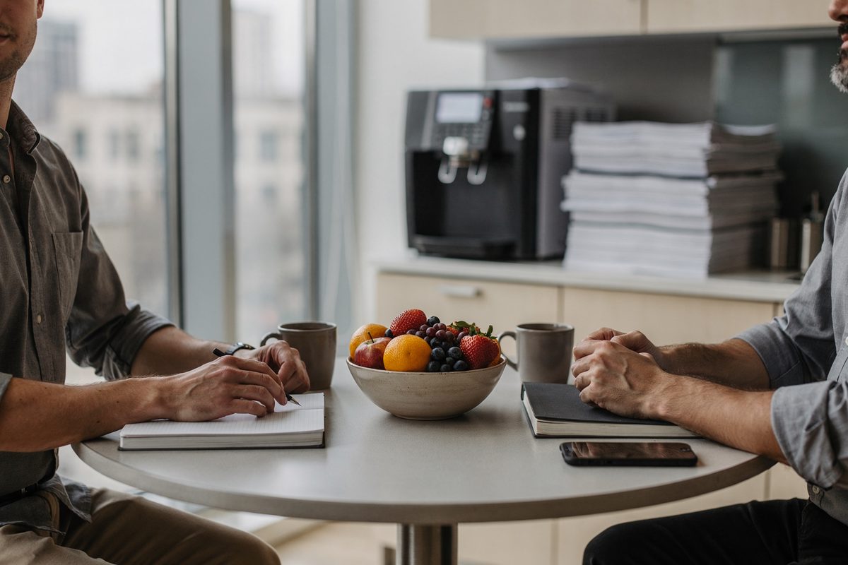 Sunday morning daylight through tall glass into a staff kitchen, three colleagues visible only from the shoulders down at a round table with shut notebooks, a.