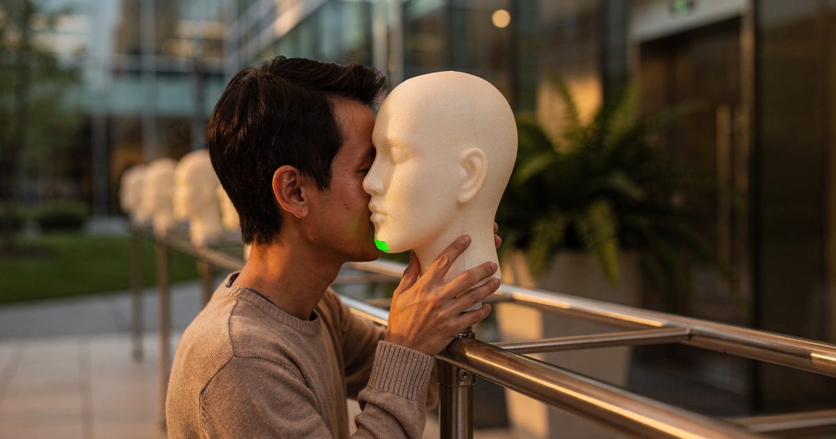 Close warm evening light in a tech-campus glass lobby as a person cropped at the temple presses a cheek to a pale foam face bolted to a metal rail, a green.