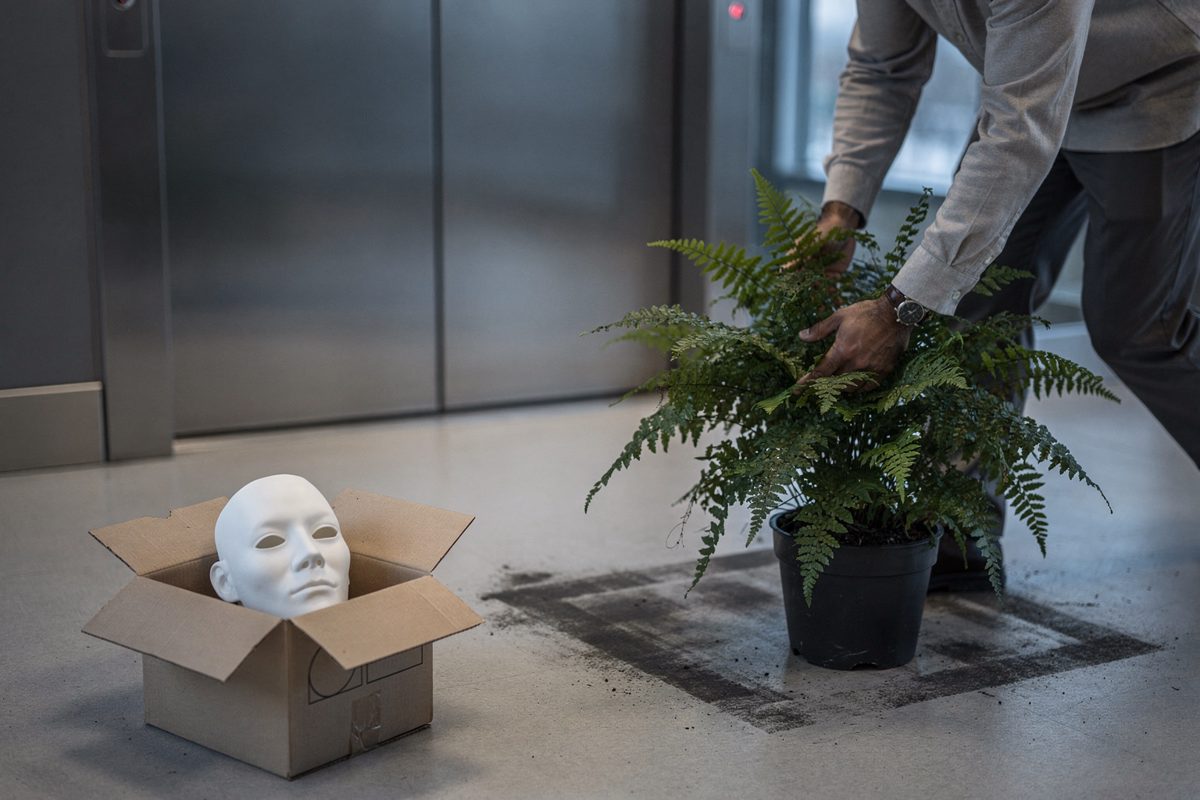 Mid-distance cool morning light beside an office lift as a worker cropped at the shoulders drags a potted fern across a square of dust, an open carton holding.